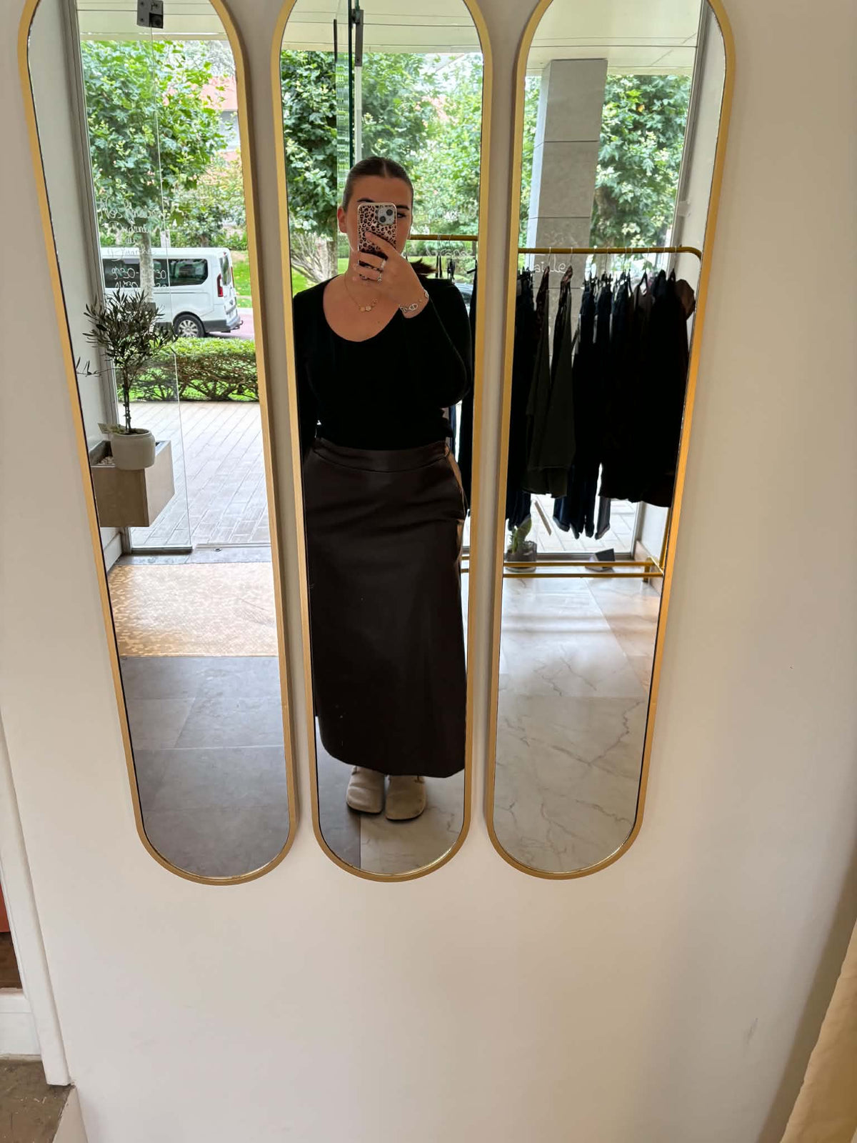 Jupe Longue Midi en Simili Cuir Marron à Poches
