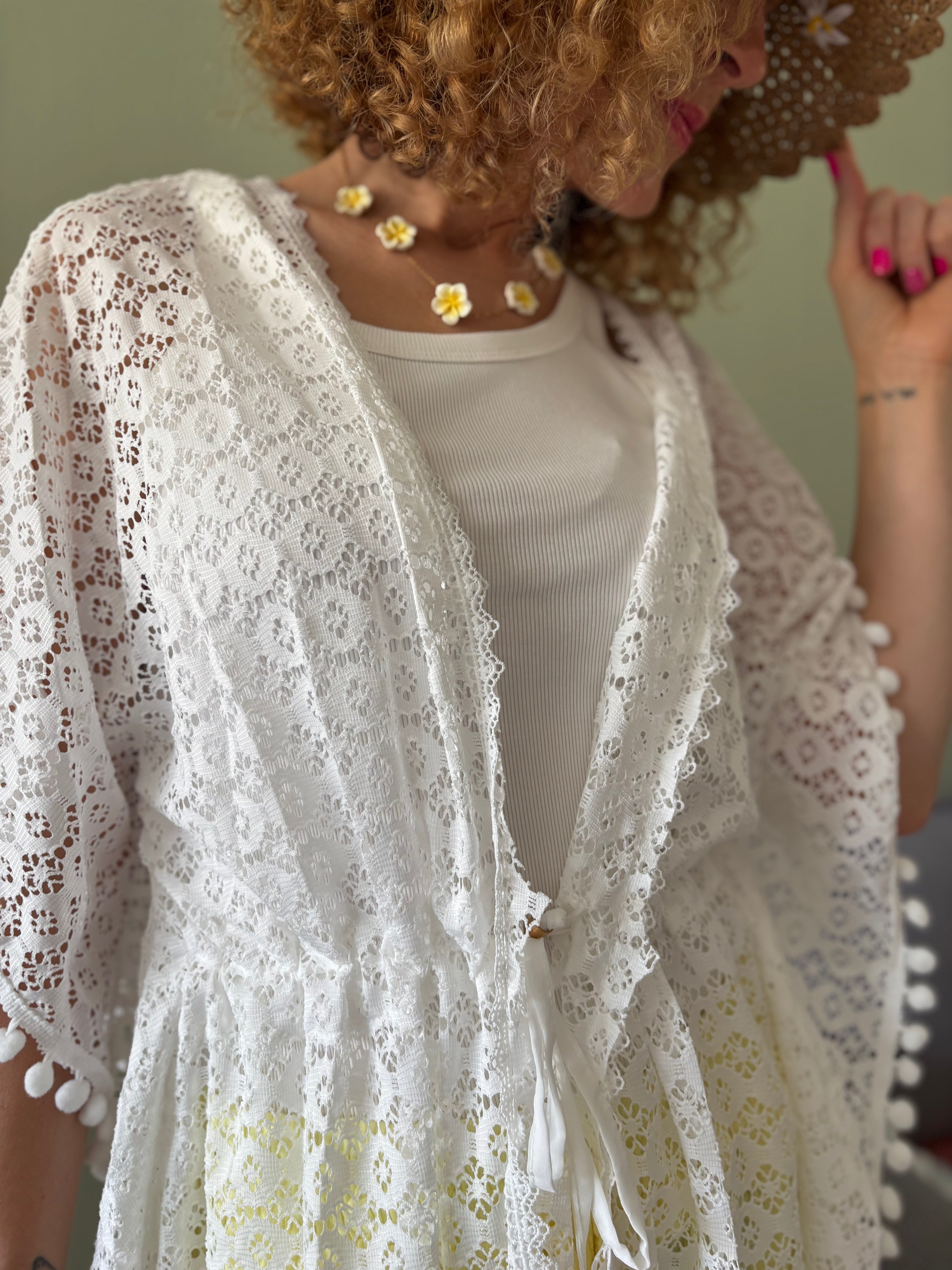 Kimono de plage en dentelle blanche