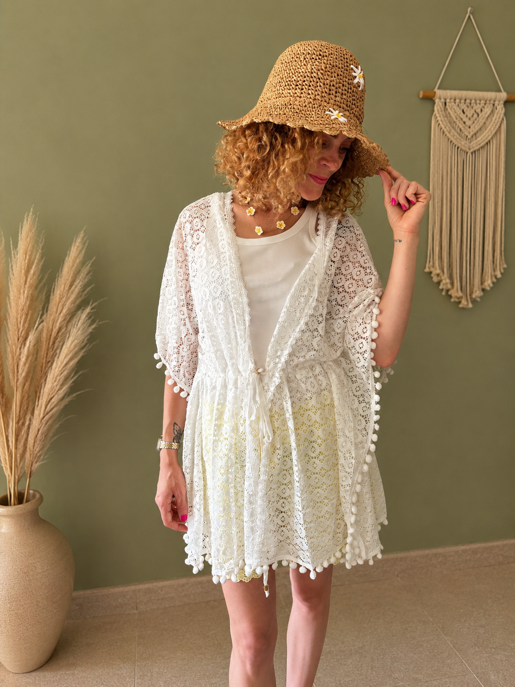 Kimono de plage en dentelle blanche